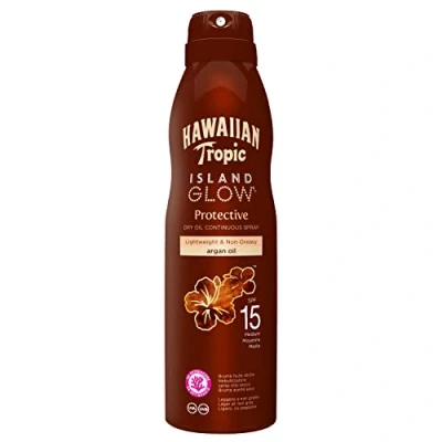 Afbeelding van Hawaiian Tropic Island Glow Dry Oil Spray SPF 15 Water Resistant Droge Zonnebrandolie, Non Greasy Spray, Lange Hydratatie &amp; Tropische Geur, 200 ml