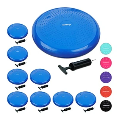 Afbeelding van 9x wiebelkussen 33 cm met luchtpomp balkussen balanskussen blauw