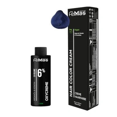 Afbeelding van Femmas Blauwe haarkleurset I Hair Color Cream 100 ml + oxycreme 6% permanente haarkleur ontwikkelaar zacht en duurzaam salon haarverf voor thuis
