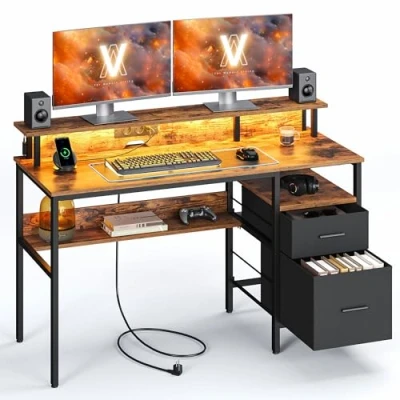 Afbeelding van VASAGLE Gamingbureau met ledverlichting en stekkerdoos, computerbureau displaystandaard, tafel opslag, 2 laden, USB poorten, voor kantoor, rustiek bruin LWD094K02