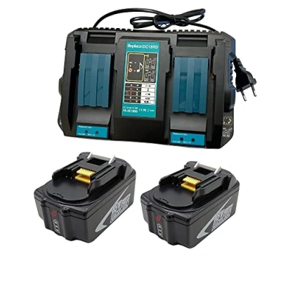 Afbeelding van Set van 2 reservebatterijen voor Makita BL1850B 18V LXT lithium ion (18V 5,0Ah) en 1x DC18RD dubbele aansluiting oplader