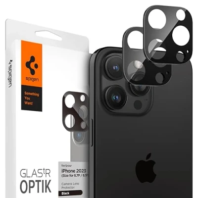 Afbeelding van Spigen Glas.tR Optik camerabescherming, compatibel met iPhone 16 Pro/Pro Max, 15 14 2 stuks, zwart, krasbestendig, hardheid 9H
