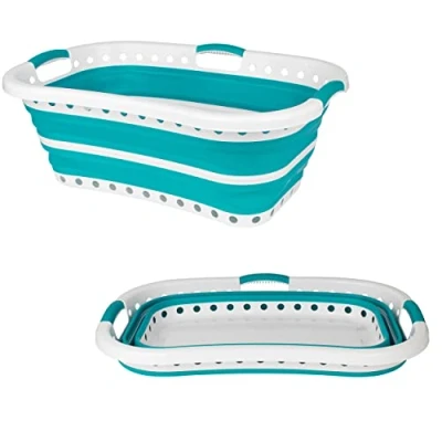 Afbeelding van Beldray LA072979TQEU Collapsible Hip Hugger Laundry Basket, Curved &amp; Shaped To Fit The Body, Easy Fold Non Slip 2 Way Ergonomic Handles, 37 Litres, Turquoise, 66 x 44 24cm When Collapsed