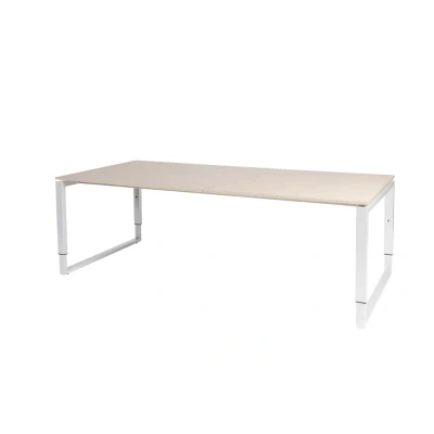 Afbeelding van Domino Plus vergadertafel, hoogte instelbaar (62 85cm) met 220x100cm &#039;zwevend&#039; robson eiken 25mm blad en wit (RAL9010) O poot frame