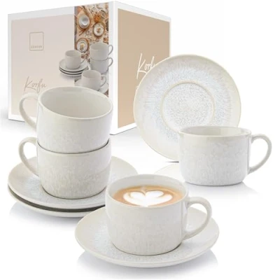 Afbeelding van Sänger 8 delige set koffiekopjes met schoteltjes, en schoteltjes voor 4 personen, aardewerk koffieservies, crèmekleurige mokken zandkorrels binnenin 160 ml