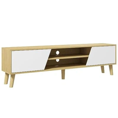 Afbeelding van HOMCOM tv meubel voor tot 65 inch, Scandinavisch design, 2 deuren, nissen met kabeldoorvoer, houtlook en wit, 150 x 30 42 cm
