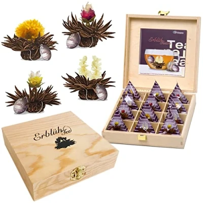 Afbeelding van Creano Thélini Bloemencadeauset in een houten theedoos 12 bloementhee 4 soorten (zwarte thee)