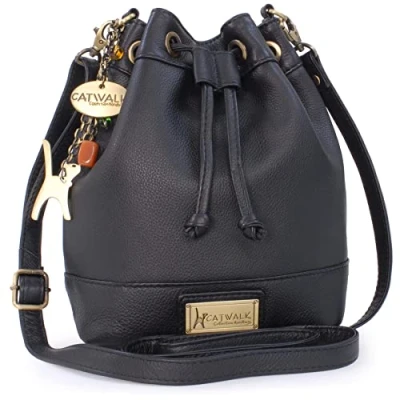 Afbeelding van Catwalk Collection Handbags Kleine Schoudertas voor Dames Leer Trekkoord Emmer Handtas Verstelbare Schouderriem ROCHELLE, zwart.