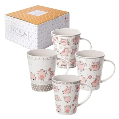 Afbeelding van SPOTTED DOG GIFT COMPANY set van 4 keramische koffiemokken met varkensmotief, originele theekop doos, roze mokken, cadeau voor varkensliefhebbers, 360 ml