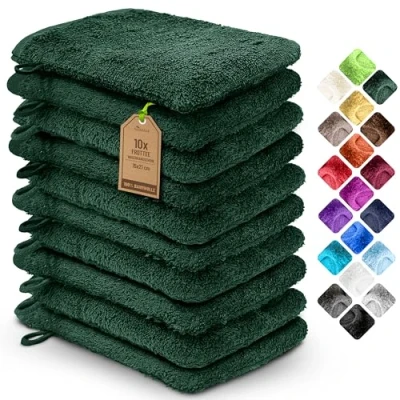 Image de NatureMark 10x Gants de Toilette en Frotte 100% Coton Doux et Résistants, Idéal pour le Soin Quotidien les Invités Vert Foncé, 15x21 cm