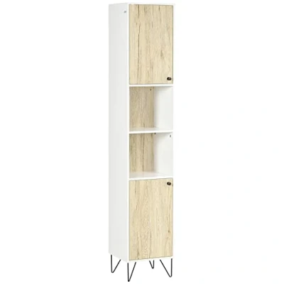 Afbeelding van kleankin Badkamermeubel, badkamerkast, hoge voet, 2 kasten met plank en open nissen, 30 x 31,5 169 cm