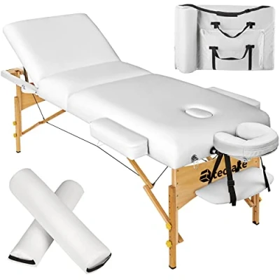 Afbeelding van tectake® 3 zones massagetafel behandeltafel Somwang 7,5cm matras en houten frame incl. rolkussens draagtas wit behandelbank opbergtas opvouwbaar