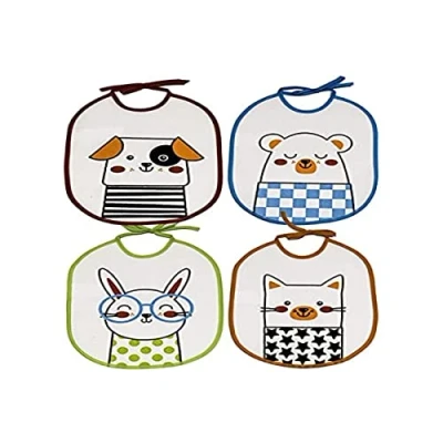 Afbeelding van Ti TIN Set van 4 waterdichte bedrukte slabbetjes, 23 x 28 cm 73% katoen 27% polyester babyslabbetjes 6 tot 12 maanden gesp, sluitband vinylvoering dieren meerkleurig 140 g/m²