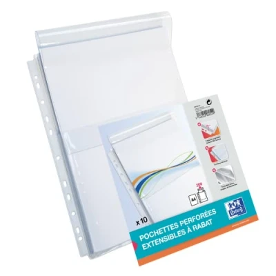 Afbeelding van Oxford 10 stuks geperforeerde hoezen met uitbreidbare capaciteit beschermklep 11 gaten PVC glad A4 kleurloos