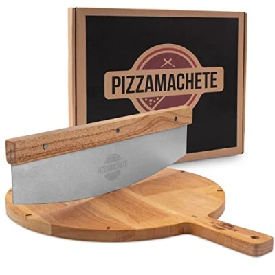 Afbeelding van PIZZAMACHETE Pizzasnijder + pizzaplaat, pizzaset bestaande uit weegmes en accessoires met cutter van roestvrij staal, pizzaplaat houten handvat