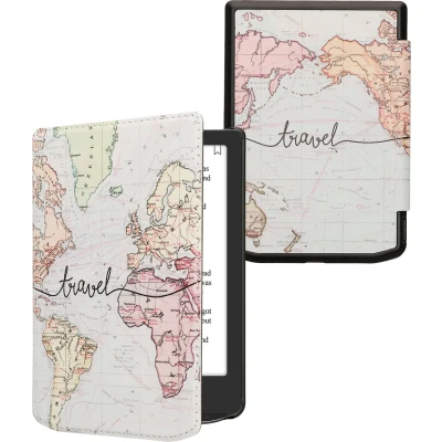 Afbeelding van kwmobile E reader hoesje geschikt voor Pocketbook Verse / Pro hoes flip case met magnetische sluiting Ereader cover Travel Wereldkaart design in zwart meerkleurig