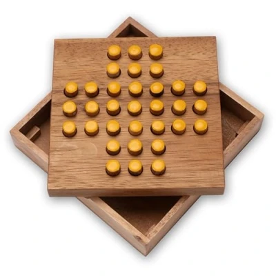 Afbeelding van LOGOPLAY Solitaire maat L steekspel denkspel breekspel logicaspel van hout gele doppen