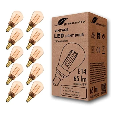 Afbeelding van Greenandco® ledlamp, decoratief, vintage, retro, industrieel, antiek, Edison, E14, ST45, 2 W, 65 lm, 1800 K, zeer warm wit, 320 graden, 230 V, geen flikkeren, niet dimbaar, 10 stuks