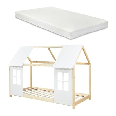 Afbeelding van Kinderbed Tostedt huisbed met matras 90x200 cm houtkleurig en wit [en.casa]
