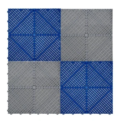 Afbeelding van Modulaire geventileerde kliktegels 120 grijs en blauw 6m x 6m, polypropyleen, antislip, weerbestendig, 5 ton per tegel, inclusief randen, ideaal voor dubbele garage of werkplaatsen.