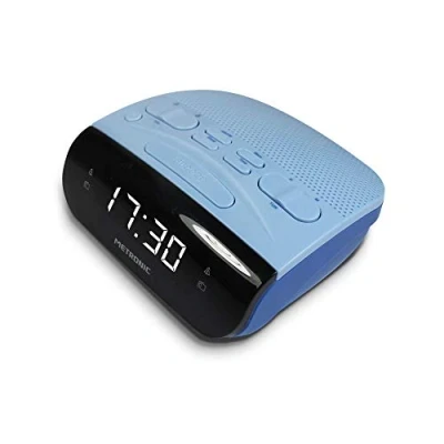 Afbeelding van Metronic 477033 wekkerradio met dubbele alarmen, AM/FM tuner en slaap /snooze functies, tijdbesparende batterijen, geheugen 10 AM + FM, grijs/blauw