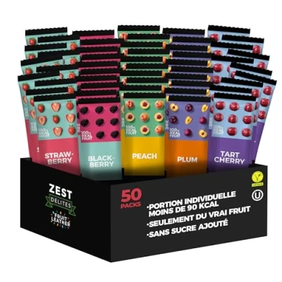 Image de Zest Delites Cuir de Fruits, Fruits Secs Snacks, Collations Sans Gluten, Bonbons Aux Végétaliens, Snacks Sains, Roll Ups 5 Saveurs, Pêche, Prune, Baie, Fraise et Cerise 50x25g