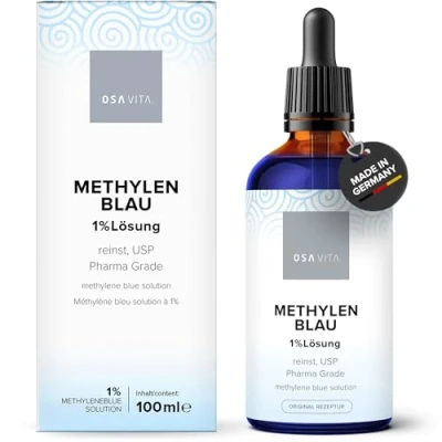 Afbeelding van OSAVITA® Methyleenblauwe oplossing 1% met pipet, pure USP, hoogwaardige 100 ml, laboratoriumgeteste kwaliteit, gemaakt in Duitsland