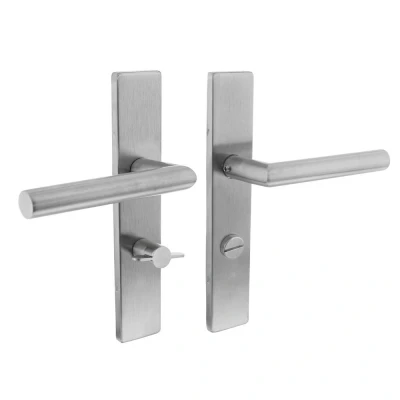 Afbeelding van Intersteel Deurkruk Hoek 90 op rechthoekig schild toilet /badkamersluiting 63 mm rvs geborsteld Onlinedeurenkopen.nl