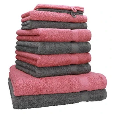 Afbeelding van 10 delige handdoekenset &quot;Premium&quot; oudroze &amp; antraciet, kwaliteit 470 g/m², 2 badhanddoeken 70 x 140 cm, 4 handdoeken 100 50 gastendoekjes 30 washandschoenen