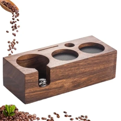 Afbeelding van Beler Tamperstation van notenhout, 58 mm, voor mm filterhouder, Barista espressostation espresso accessoires met siliconen kussen (58 mm)