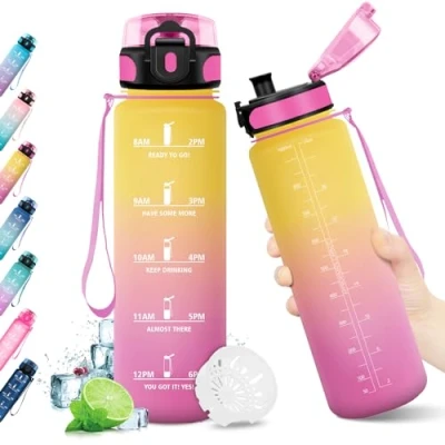 Afbeelding van KollyKolla Waterfles met tijdschema om te drinken, BPA vrij, sportwaterfles, voor volwassenen, kinderen, sportschool, werk, fietsen, wandelen, 1 liter