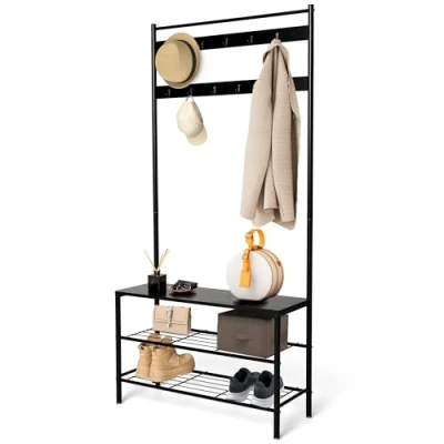 Afbeelding van Brixy Kapstok Staande Garderoberek Met Schoenenrek Incl. Zitbank 85x32x175CM 11 Haken Zwart