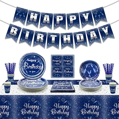Afbeelding van verjaardagsdecoraties marineblauw zilver voor mannen en vrouwen, inclusief Happy Birthday banner, tafelkleed, borden, servetten, mokken, 20 gasten (A)