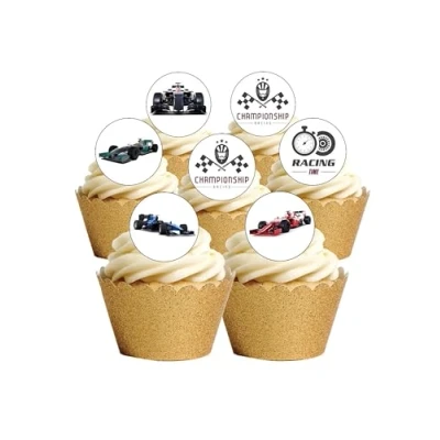 Afbeelding van 24 stuks voorgesneden ronde decoraties van eetbaar wafelpapier voor cake thema raceauto&#039;s Formule 1