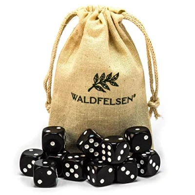 Afbeelding van Waldfelsen® Set van 6, 12, 20, 30 of 50 stuks hoogwaardige acryl dobbelstenen, standaardformaat 16 mm, 6 zijdige speeldobbelstenen, speelaccessoires met stoffen tas (zwart, 12 stuks)