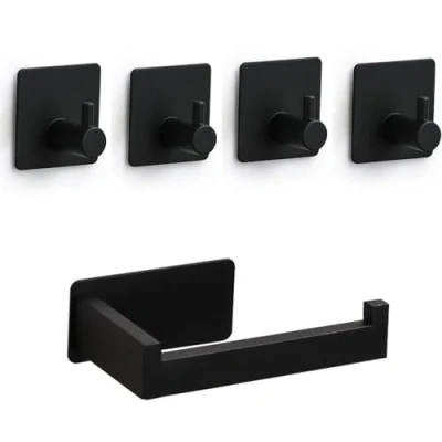 Afbeelding van Toiletpapierhouder, zelfklevend, zonder boren, roestvrij staal, met 4 zelfklevende haken, handdoekhouder, badkamerframe, zwart