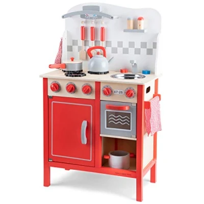 Afbeelding van New Classic Toys Houten Speelkeuken DeLuxe Rood Komt met alle Accessoires Aanrechthoogte is 56 centimeter