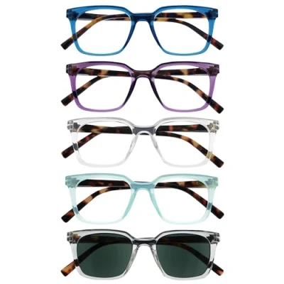 Afbeelding van OPULIZE KOI Leesbril met zonnelezer, 5 stuks, rechthoekig montuur, zwart/lichtpaars aqua, transparant, heren en dames, veerscharnieren RRRS50 35CQC +1.00