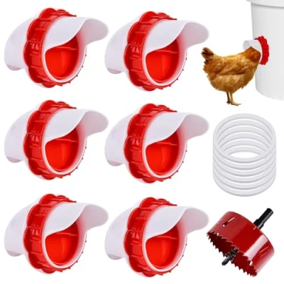 Afbeelding van BYZESTY Set van 6 automatische voederautomaten voor kippen zonder afval, zelfmontage, rattenbescherming, waterdicht, accessoires emmers, kratten
