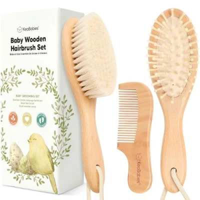 Afbeelding van babyhaar en babykam set, natuurlijk huishoudelijk met zachte geitenborstels, 0 6 maanden, zacht voor zuigelingen, peuters, haarhaar babyset (walnoot)