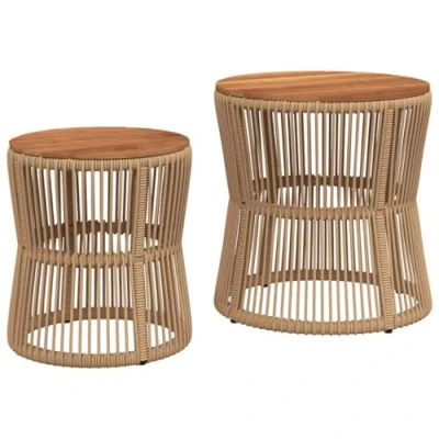 Afbeelding van Tuinbijzettafels 2 st met houten blad poly rattan beige