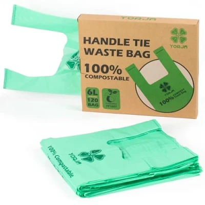 Afbeelding van YORJA 120 compostzakken 6 liter met knoopgreep, 100% biologisch afbreekbaar, voor voedselafval, Europa EN13432 en US BPI gecertificeerd