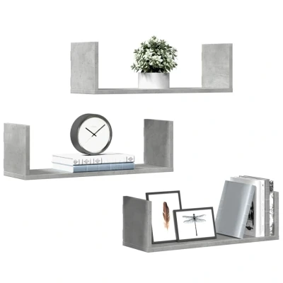 Afbeelding van Wandschappen 3 st 58x18x18 cm bewerkt hout betongrijs