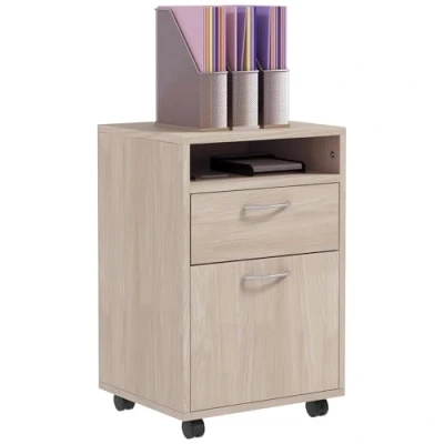 Afbeelding van HOMCOM Bureaukast met wieltjes, mobiele opbergkast, lade, kast en nis, voor documenten hangmap, 40 x 35 60 cm, eiken