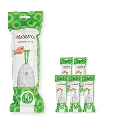 Image de Brabantia Sacs Poubelle PerfectFit Multipack (Code G 23L / 30L) Ultra Résistant, Poignées Coulissantes, 6 rouleaux (120 Sacs)