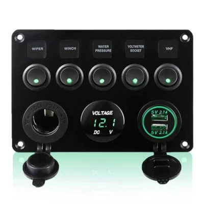 Afbeelding van Geloo Schakelpaneel met 5 snelheden, tuimelschakelaarpaneel, 12 V, voltmeter, dubbele USB poort, oplader voor auto, boot, camper, vrachtwagen, groen