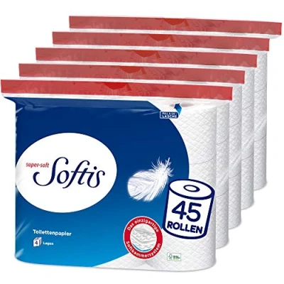 Image de Softis Papier toilette 4 couches Lot de 45 rouleaux (5 x 9 paquets individuels) 100 feuilles par rouleau Système unique chambre souple Emballage recyclable certifié FSC®