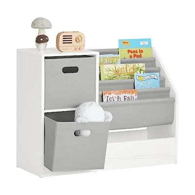 Afbeelding van SoBuy Boekenkast voor kinderen, organizer speelgoed en boeken, opbergrek kinderen met 2 manden, 5 planken 1 vak, 80 x 30 61 cm, wit, KMB76 W