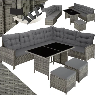 Afbeelding van tectake® wicker loungeset, tuinmeubelset met bank, kruk + tafel, balkonmeubel buiten, 5 delige zitgroep, inclusief zit en rugkussens, ideaal voor tuin, terras, balkon grijs/beige poly rattan