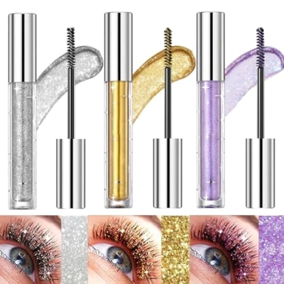 Afbeelding van 3 stuks glinsterende mascara oogschaduw, glanzende en gekleurde mascara, volumegevende kleurrijke wimpers, veegvast, waterdicht, lange houdbaarheid voor de wimpers